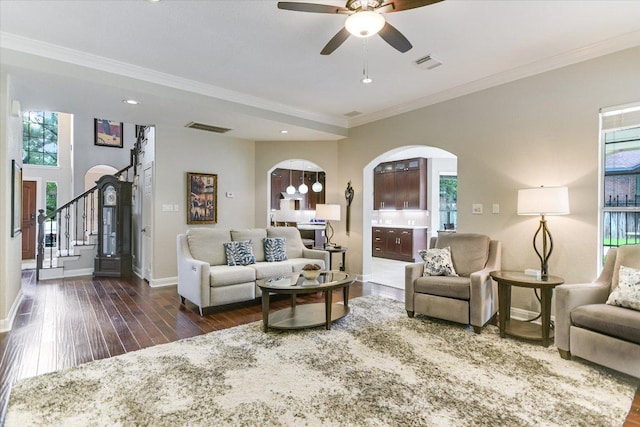 10309 Van Winkle Ct, Austin, TX 78739 - living room featuring arched walkways, wood finished floors, a ceiling fan, healthy amount of natural light, and ornamental molding