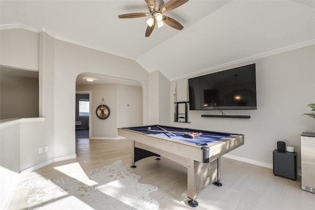 4105 Canyon Glen Cir, Austin, TX 78732 - game room featuring arched walkways, ceiling fan, billiards, lofted ceiling, and crown molding