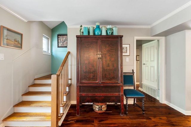 2606 Rockingham Dr, Austin, TX 78704 - stairway featuring wood finished floors and ornamental molding