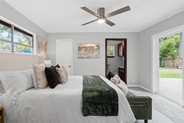 5317 Harvest Ln, Austin, TX 78745 - bedroom featuring access to outside, multiple windows, carpet, and ceiling fan