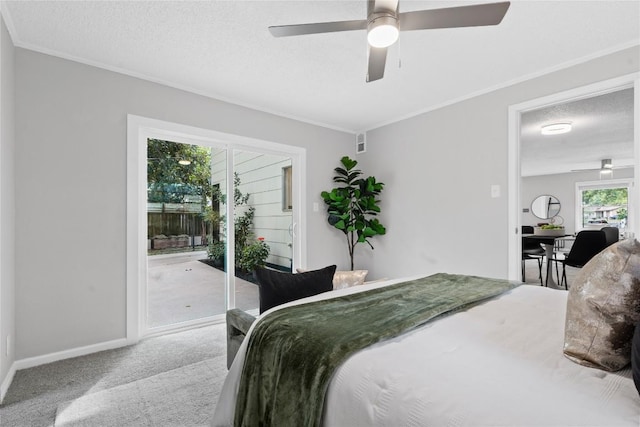 5317 Harvest Ln, Austin, TX 78745 - bedroom featuring access to outside, carpet floors, ornamental molding, a ceiling fan, and a textured ceiling