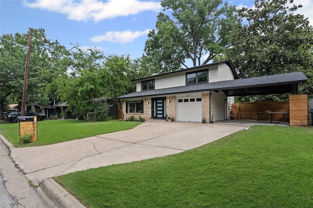 5317 Harvest Ln, Austin, TX 78745 - view of front of house with concrete driveway, an attached garage, a carport, roof with shingles, and brick siding