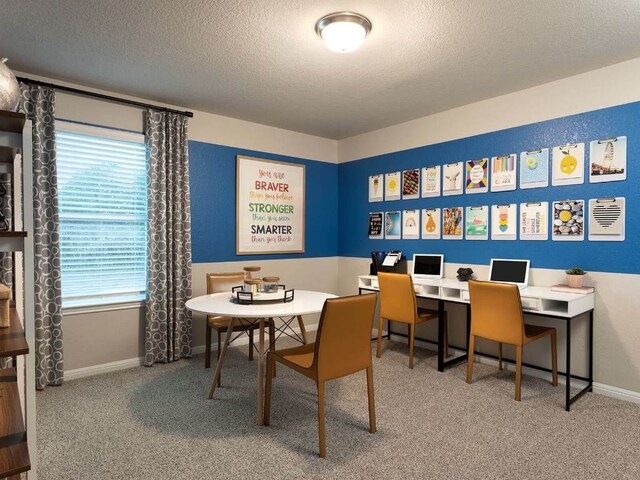 1728 S Main St, Kyle, TX 78640 - dining space featuring carpet floors, a textured ceiling, baseboards, and an office area