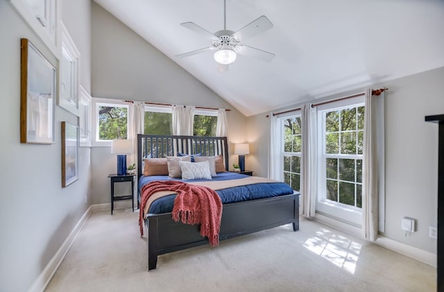 2702 Bonnie Rd, Austin, TX 78703 - carpeted bedroom with a ceiling fan and high vaulted ceiling