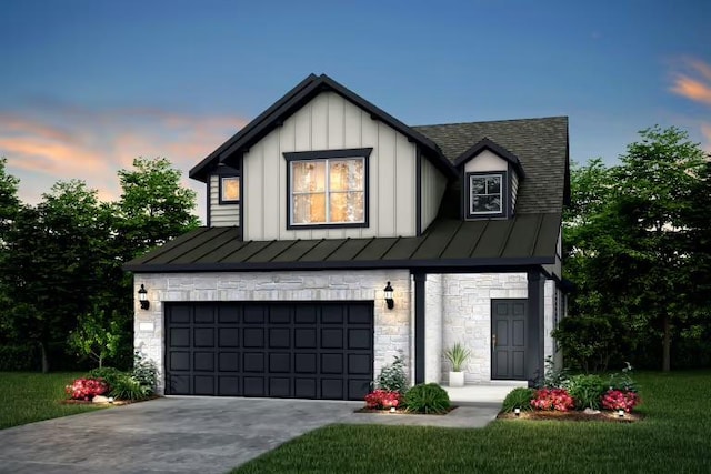 229 Regatta Trl, Leander, TX 78641 - view of front of house featuring an attached garage, stone siding, a standing seam roof, driveway, and board and batten siding