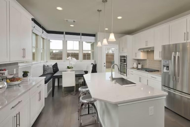 229 Regatta Trl, Leander, TX 78641 - kitchen with stainless steel appliances, under cabinet range hood, light countertops, backsplash, and recessed lighting