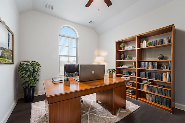 212 Ferryboat Ln, New Braunfels, TX 78130 - home office featuring lofted ceiling, a ceiling fan, and dark wood-style flooring