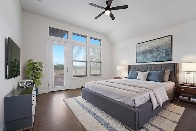 212 Ferryboat Ln, New Braunfels, TX 78130 - bedroom with access to outside, dark wood finished floors, vaulted ceiling, and a ceiling fan