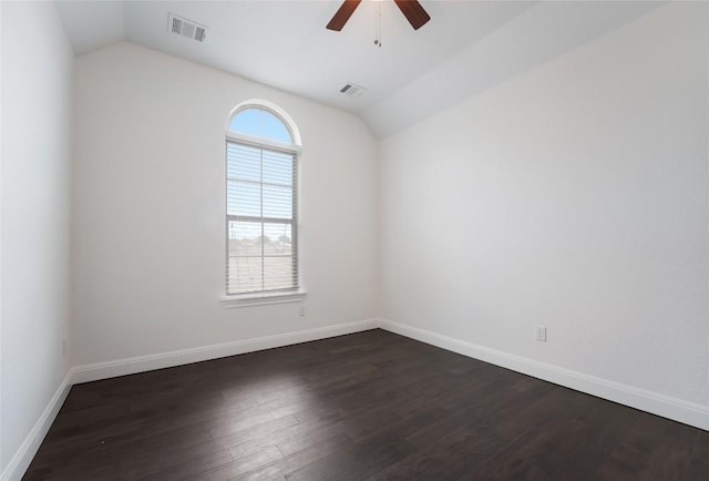 212 Ferryboat Ln, New Braunfels, TX 78130 - empty room with ceiling fan, lofted ceiling, and dark wood-type flooring