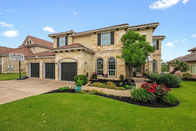4605 Bat Falcon Dr, Austin, TX 78738 - mediterranean / spanish home with a front yard, stone siding, concrete driveway, an attached garage, and a tiled roof