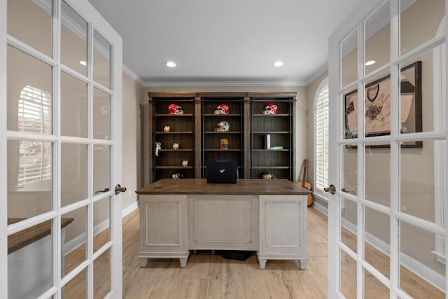 4605 Bat Falcon Dr, Austin, TX 78738 - home office with french doors, ornamental molding, light wood-style flooring, and recessed lighting