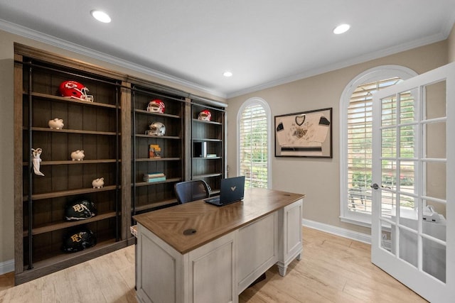 4605 Bat Falcon Dr, Austin, TX 78738 - home office featuring ornamental molding, light wood-style flooring, and recessed lighting