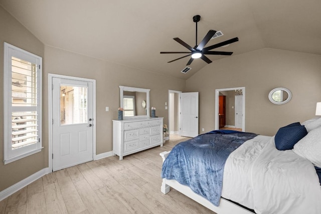 4605 Bat Falcon Dr, Austin, TX 78738 - bedroom with vaulted ceiling, light wood-type flooring, a ceiling fan, and ensuite bath