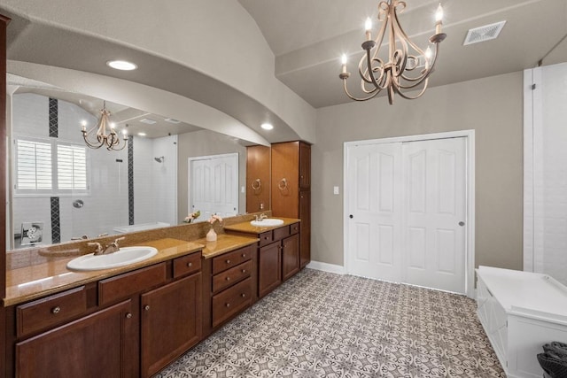 4605 Bat Falcon Dr, Austin, TX 78738 - full bath featuring a chandelier, double vanity, a tile shower, tile patterned floors, and lofted ceiling