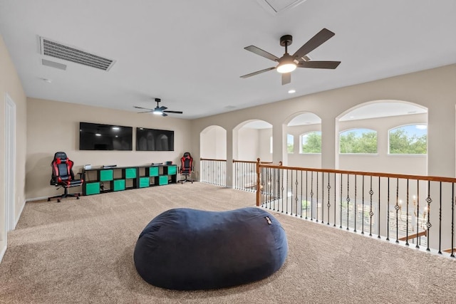4605 Bat Falcon Dr, Austin, TX 78738 - living area featuring ceiling fan, carpet flooring, and attic access