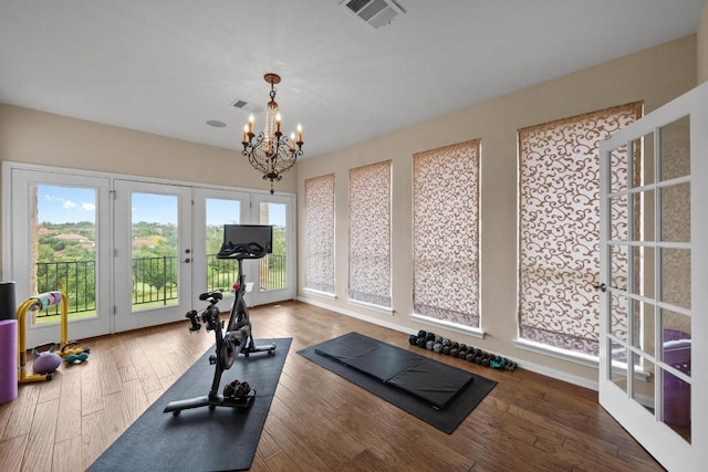 4605 Bat Falcon Dr, Austin, TX 78738 - exercise area with french doors, a chandelier, and wood finished floors