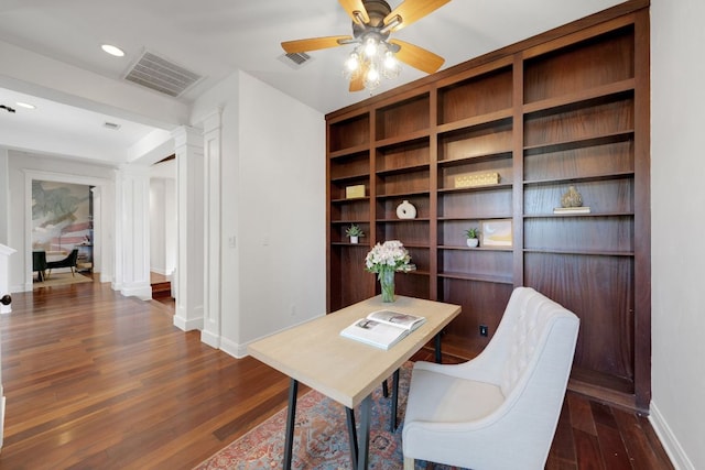 2705 Pyramid Dr, Austin, TX 78734 - office featuring dark wood-type flooring, a ceiling fan, recessed lighting, and decorative columns