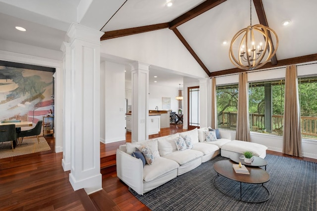 2705 Pyramid Dr, Austin, TX 78734 - living area with ornate columns, a chandelier, beam ceiling, dark wood finished floors, and high vaulted ceiling