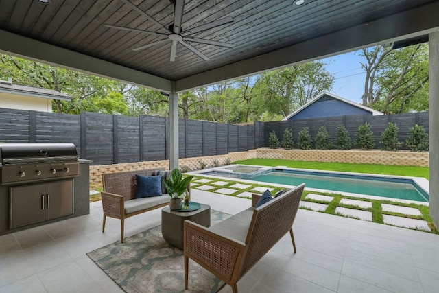 2711 Pegram, Austin, TX 78757 - fenced backyard with area for grilling, ceiling fan, a patio area, a pool with connected hot tub, and outdoor lounge area