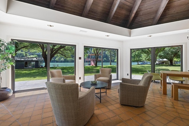 2401 Manana St, Austin, TX 78730 - sunroom with high vaulted ceiling, a wood ceiling with exposed beams, tile patterned flooring, and a water view