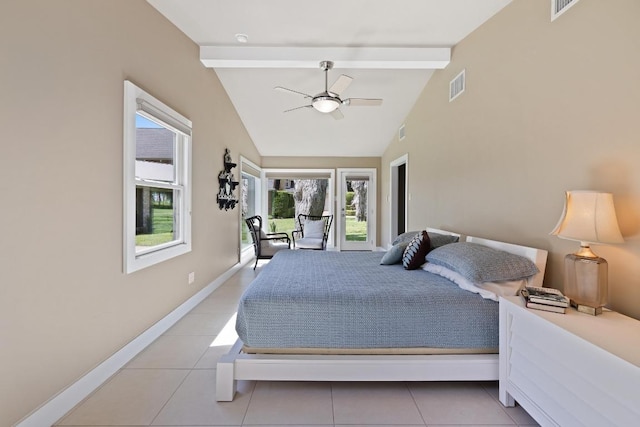 2401 Manana St, Austin, TX 78730 - bedroom with beam ceiling, light tile patterned floors, a ceiling fan, access to exterior, and high vaulted ceiling