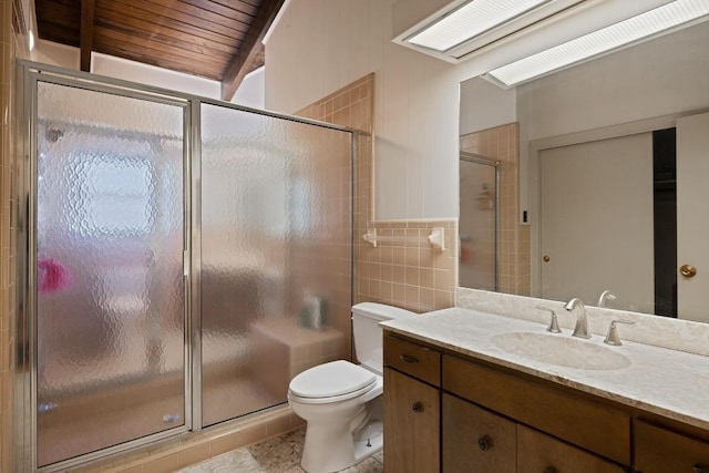 2401 Manana St, Austin, TX 78730 - full bath featuring vanity, a stall shower, tile walls, and wooden ceiling