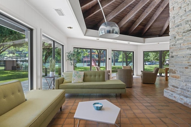 2401 Manana St, Austin, TX 78730 - sunroom / solarium with a wood ceiling with exposed beams, healthy amount of natural light, tile patterned floors, and high vaulted ceiling