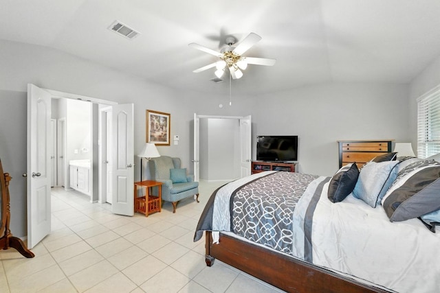 9602 Tea Rose Trl, Austin, TX 78748 - bedroom with lofted ceiling, light tile patterned floors, and ceiling fan