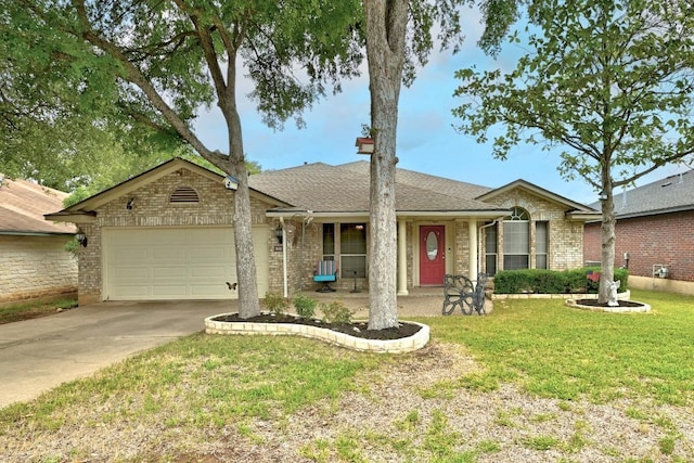 9602 Tea Rose Trl, Austin, TX 78748 - ranch-style home featuring an attached garage, a front yard, concrete driveway, brick siding, and roof with shingles