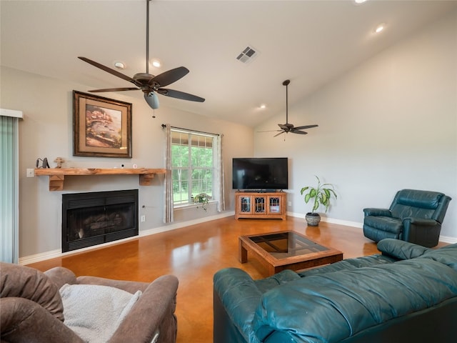 209 Old Sayers Rd, Elgin, TX 78621 - living area with ceiling fan, lofted ceiling, a fireplace, recessed lighting, and wood finished floors