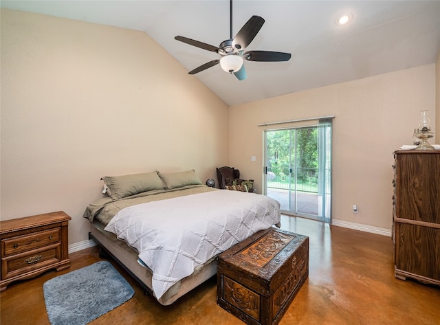 209 Old Sayers Rd, Elgin, TX 78621 - bedroom with access to outside, vaulted ceiling, finished concrete floors, recessed lighting, and a ceiling fan