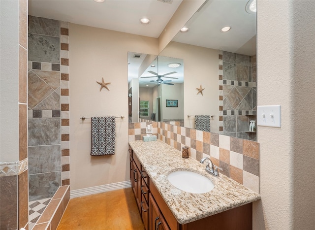 209 Old Sayers Rd, Elgin, TX 78621 - bathroom with vanity, recessed lighting, tasteful backsplash, ceiling fan, and tiled shower