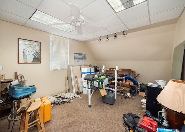 209 Old Sayers Rd, Elgin, TX 78621 - bedroom featuring carpet, a ceiling fan, track lighting, and a paneled ceiling