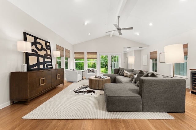 5212 Valley Oak Dr, Austin, TX 78731 - living area with beamed ceiling, a ceiling fan, wood finished floors, wine cooler, and high vaulted ceiling