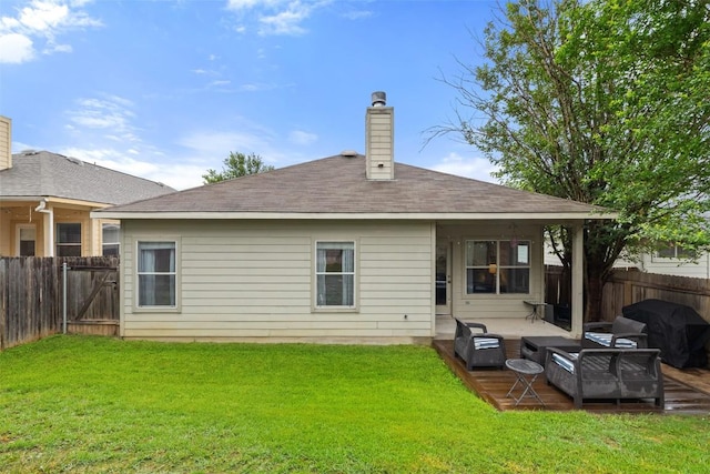 9204 Brents Elm Dr, Austin, TX 78744 - back of house featuring a fenced backyard, a chimney, a patio area, a shingled roof, and an outdoor living space