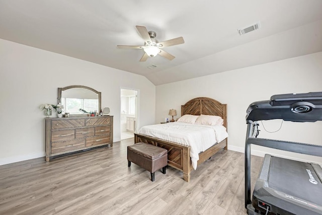 500 Olympic Dr, Pflugerville, TX 78660 - bedroom with light wood finished floors, lofted ceiling, a ceiling fan, and ensuite bathroom
