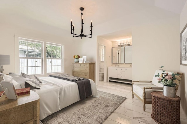 901 Garden Meadow Dr, Georgetown, TX 78628 - bedroom featuring a chandelier, light marble finish floors, a towering ceiling, and ensuite bathroom