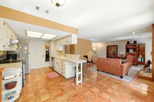 2500 Dana Cv, Austin, TX 78746 - kitchen with under cabinet range hood, appliances with stainless steel finishes, decorative backsplash, light countertops, and open floor plan