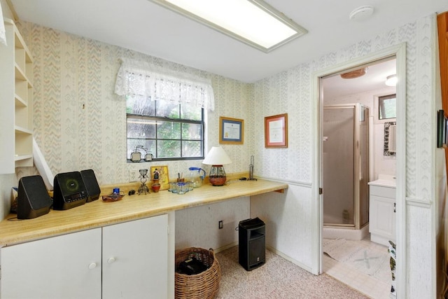 2500 Dana Cv, Austin, TX 78746 - full bath with a shower stall, wallpapered walls, and vanity