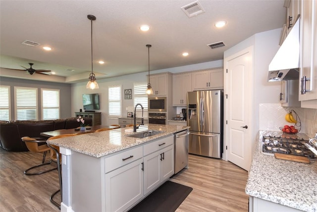 1328 Siena Sunset Rd, Leander, TX 78641 - kitchen with appliances with stainless steel finishes, light wood-style flooring, a breakfast bar area, hanging light fixtures, and a center island with sink
