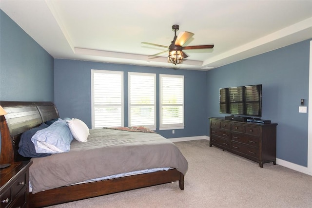 1328 Siena Sunset Rd, Leander, TX 78641 - bedroom with a raised ceiling, light carpet, and ceiling fan