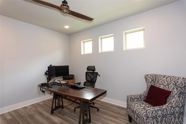 1328 Siena Sunset Rd, Leander, TX 78641 - home office with a ceiling fan, wood finished floors, and recessed lighting