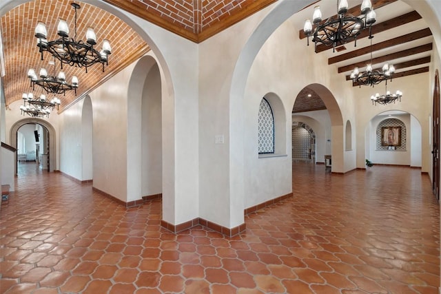 108 Country Vista Ln, Georgetown, TX 78626 - building lobby featuring brick ceiling, high vaulted ceiling, and beamed ceiling