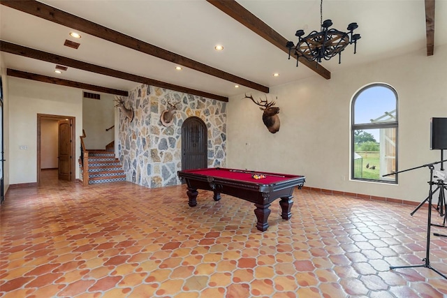 108 Country Vista Ln, Georgetown, TX 78626 - recreation room featuring beamed ceiling, billiards, arched walkways, a chandelier, and recessed lighting