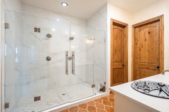 108 Country Vista Ln, Georgetown, TX 78626 - bathroom featuring a marble finish shower and recessed lighting
