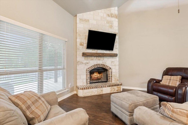 13 Mojave Ln, Belton, TX 76513 - living room with vaulted ceiling, a stone fireplace, and wood finished floors