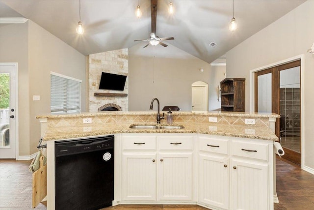 13 Mojave Ln, Belton, TX 76513 - kitchen featuring black dishwasher, open floor plan, dark wood-style flooring, light stone countertops, and ceiling fan