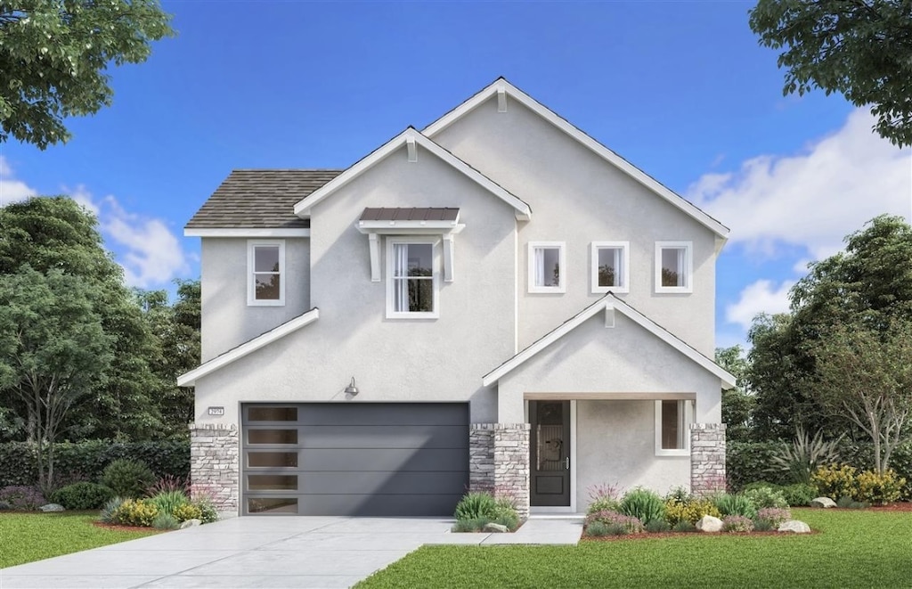1104 Yaupon Holly Dr, Georgetown, TX 78628 - view of front of house featuring stone siding, stucco siding, an attached garage, and a front yard