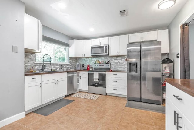 1102 Girard St, San Marcos, TX 78666 - kitchen with stainless steel appliances, backsplash, white cabinetry, and recessed lighting