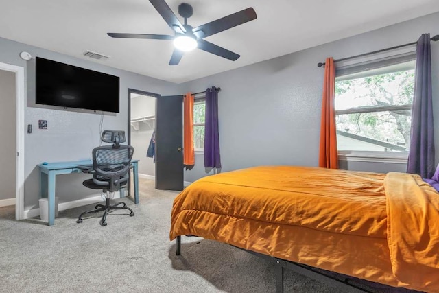 1102 Girard St, San Marcos, TX 78666 - bedroom with multiple windows, carpet floors, a walk in closet, and a ceiling fan
